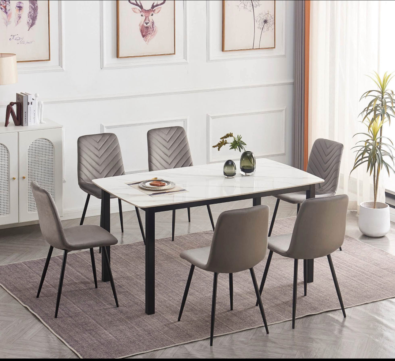 7-pcs Sintered Stone Dining Table Set with Velvet Chair