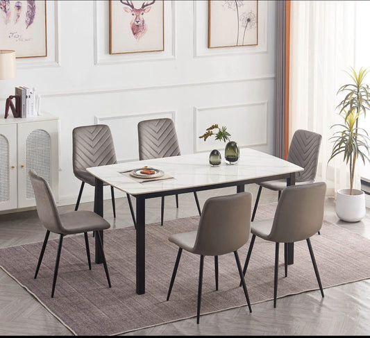 7-pcs Sintered Stone Dining Table Set with Velvet Chair