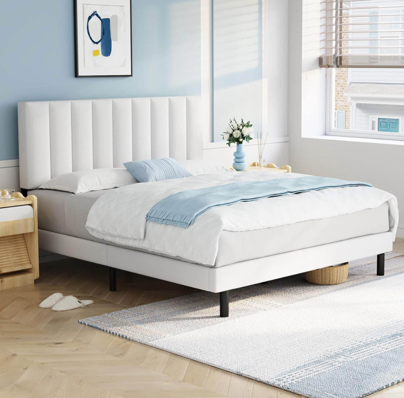 White Vegan Leather Vertical Tufted Platform Bed Frame