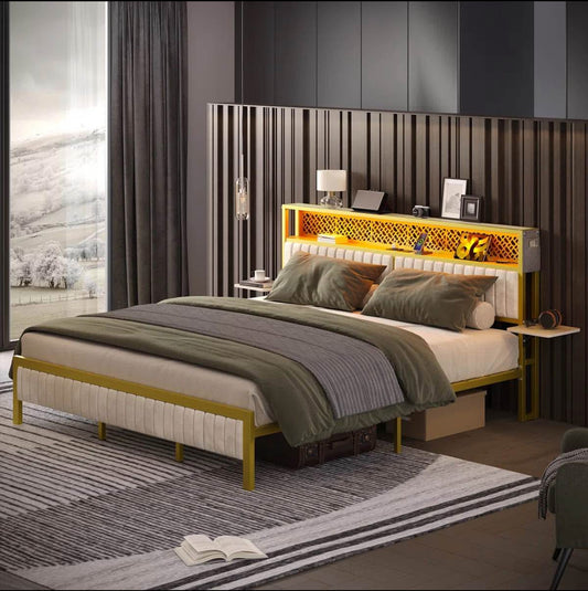 Upholstered Platform Bed with LED and Charging Station