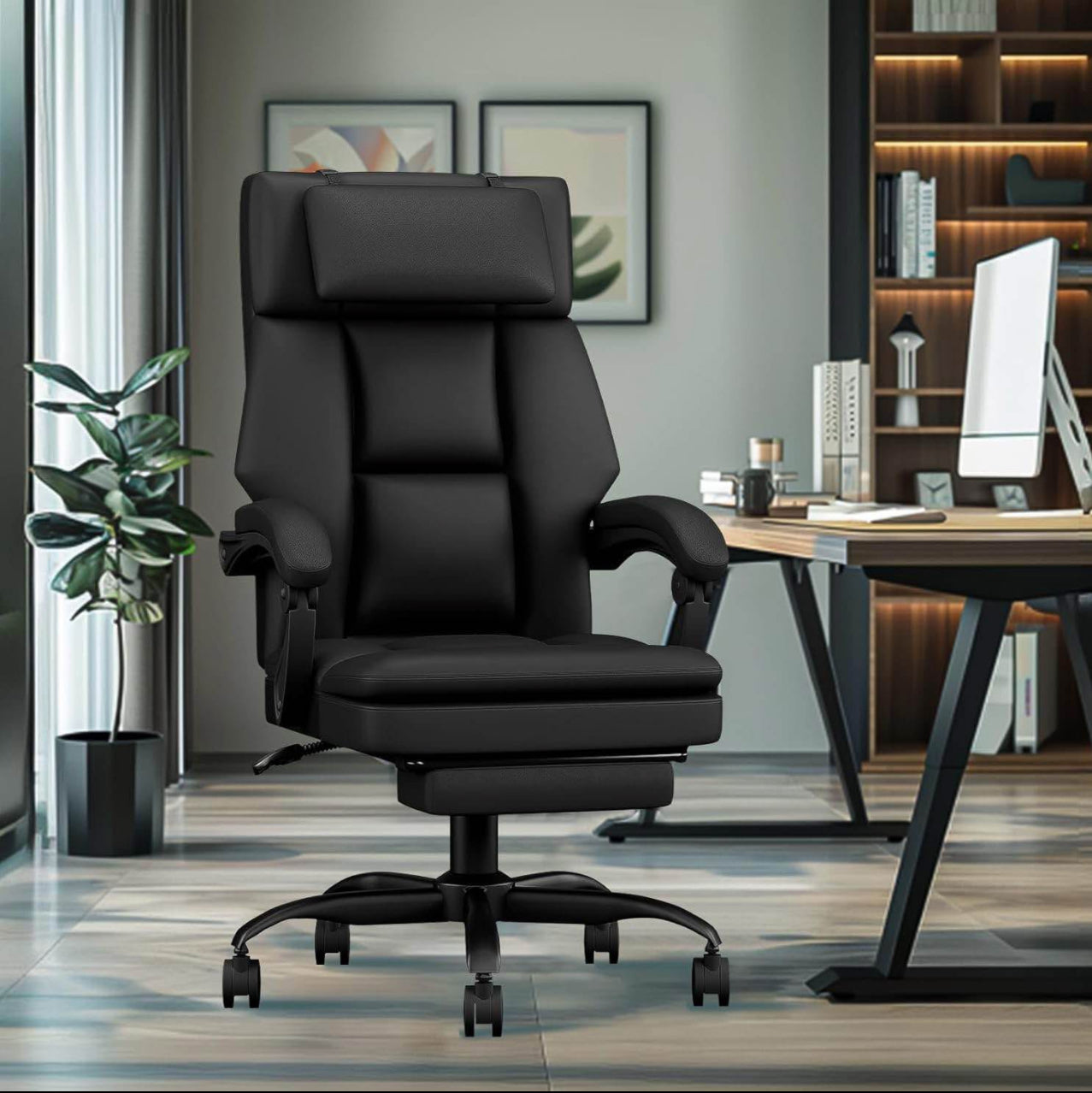Black Ergonomic Office Chair with Footrest - New Assembled