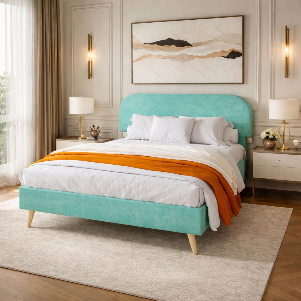 Aqua Velvet Arc Platform Bed with Adjustable Bed